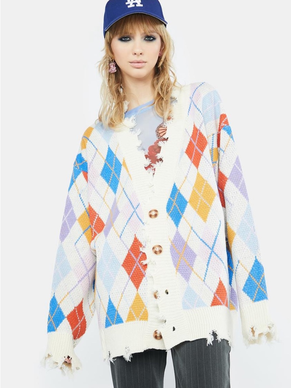 Signature Eight x Dolls Kill Looking Forward Fall Distressed Argyle Cardigan